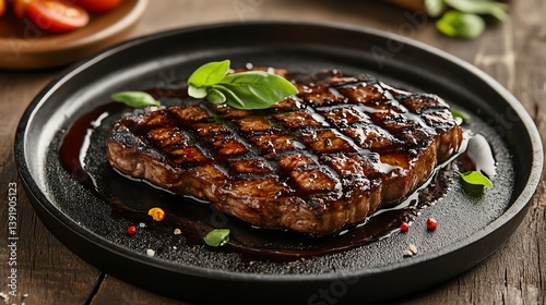 Perfectly grilled porterhouse steak served on a cast iron plate with a drizzle of aged balsamic reduction artistic plating