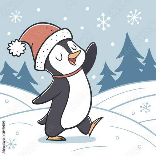 Dancing Penguin with Santa Hat in Snow – Cute Christmas Winter Vector Illustration