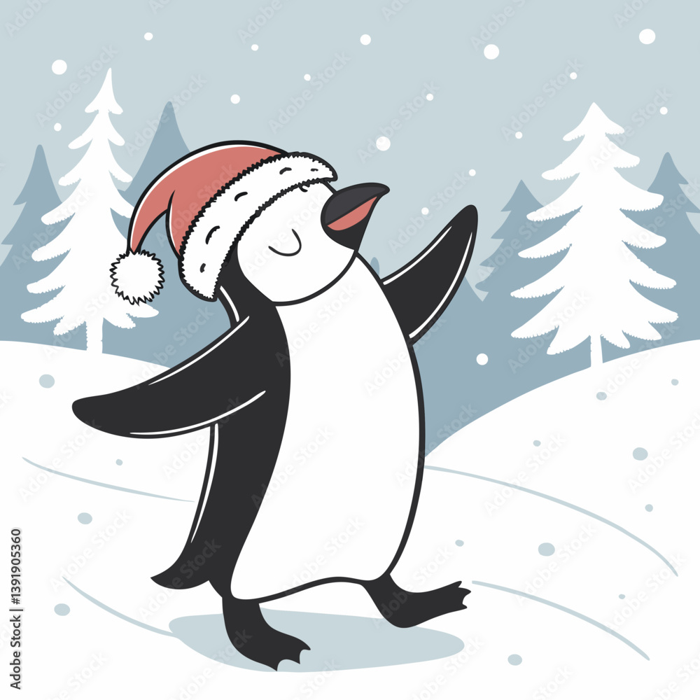 Fototapeta premium Dancing Penguin with Santa Hat in Snow – Cute Christmas Winter Vector Illustration