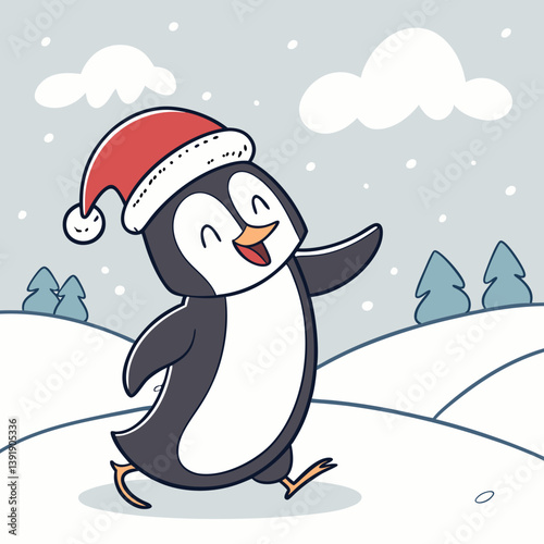 Dancing Penguin with Santa Hat in Snow – Cute Christmas Winter Vector Illustration