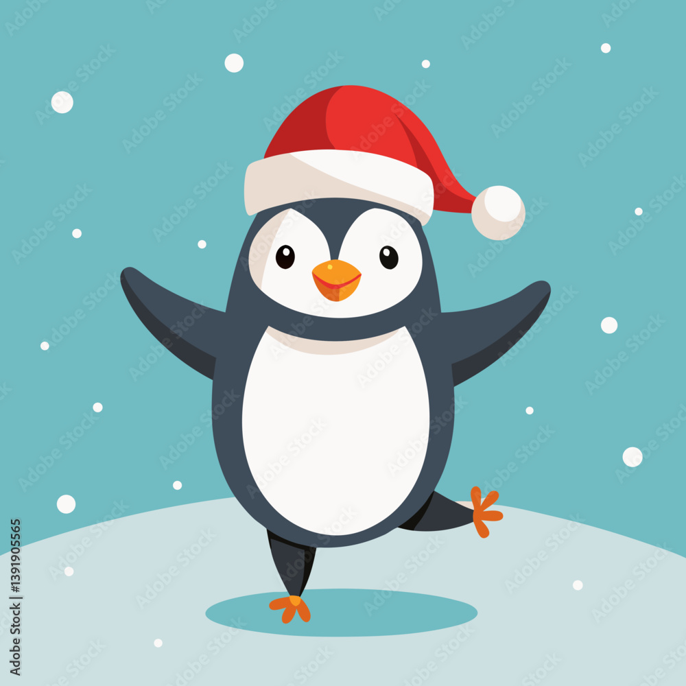 Obraz premium Dancing Penguin with Santa Hat in Snow – Cute Christmas Winter Vector Illustration
