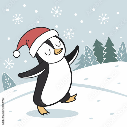 Dancing Penguin with Santa Hat in Snow – Cute Christmas Winter Vector Illustration
