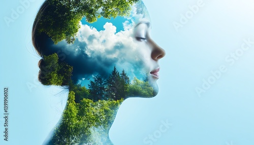 An artistic representation of a human silhouette filled with vibrant nature scenes, symbolizing the vital role of oxygen and fresh air in sustaining life and promoting physical health