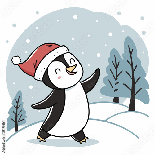 Dancing Penguin with Santa Hat in Snow – Cute Christmas Winter Vector Illustration