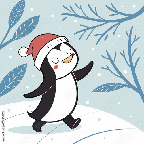 Dancing Penguin with Santa Hat in Snow – Cute Christmas Winter Vector Illustration