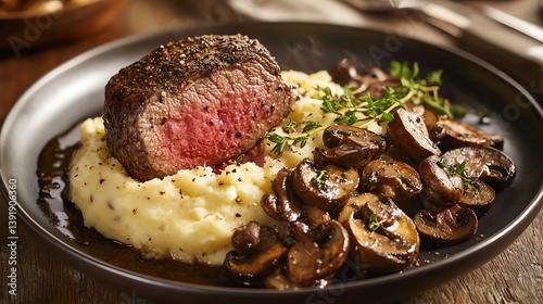 Prime beef tenderloin served with creamy black truffle mashed potatoes and sauteed wild mushrooms high-end restaurant setting