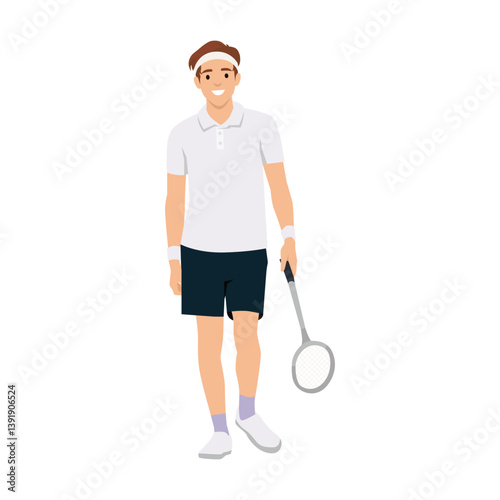 Young squash player stands confidently with his racket, dressed in athletic gear. Flat vector illustration isolated on white background