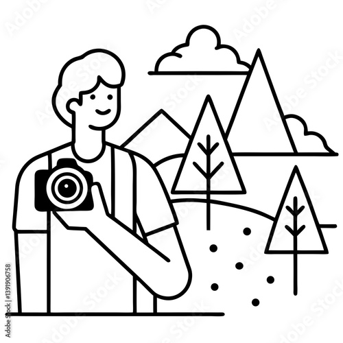 Stylish outdoor photoshoot vector with AI line art design on white background, print-ready.