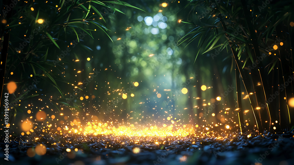 Naklejka premium Fireflies glowing in a dark bamboo forest, magical summer night