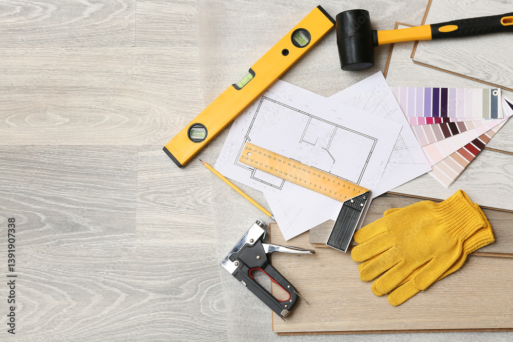 Tools, house project, color palettes and laminate boards on floor