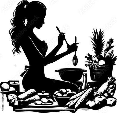 Woman Cooking Healthy Food Silhouette in a Kitchen Setting 