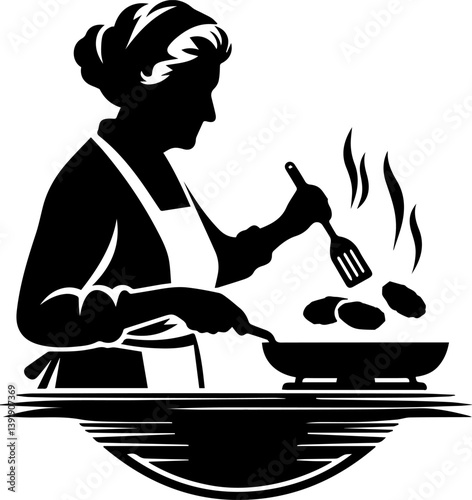Woman Cooking with Care in a Kitchen Illustration  