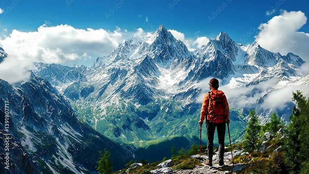 Hiker admires breathtaking snow-capped mountain range, lush valley below