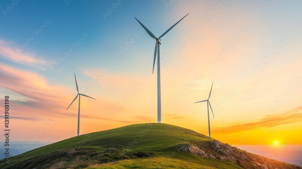 Fototapeta premium Wind turbines turning on green hill at sunrise, clean energy landscape