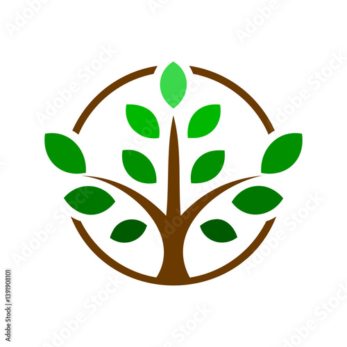 Tree in a circle icon. Brown stylized tree with green leaves in a brown circle, isolated on white background. Vector illustration.