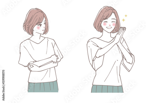  考えている女性と喜んでいる女性のセット