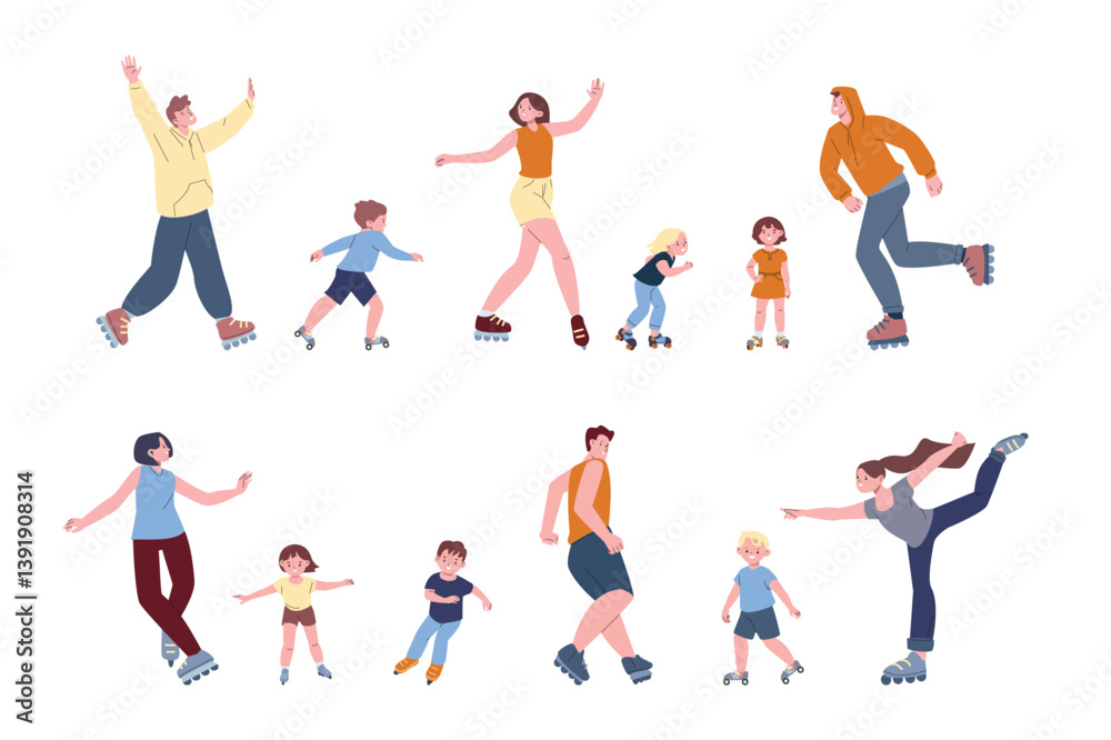 People roller skating. Seasonal outdoor hobby activity and sport training. Adults children on rollers in different poses. Cartoon flat kicky vector characters People roller skating. Seasonal outdoor hobby activity and sport training. Adults children on rollers in different poses. Cartoon flat kicky vector characters