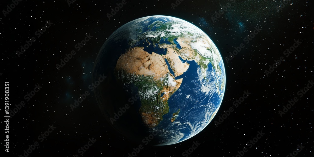 Obraz premium View of Earth From Space Showcasing Vibrant Continents and Oceans With Stars in the Background