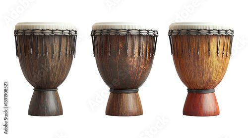 Pack of Djembe Drum set of Three Different Poses set Against Transparent Background for Music Promotion, Cultural Events, or Instrument Branding Projects photo