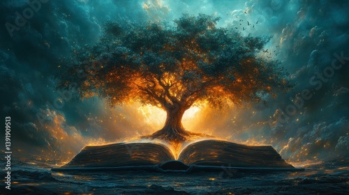 Tree of Life Growing from Open Book in Surreal Landscape with Sunset Glow