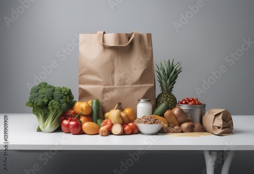 donation food vegetables shopping concept pasta bag paper various copy opposite table space fruits grocery wall fresh delivery canned gray items goods white grey donate express vegetable service eat