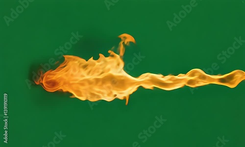 green screen video frame of dynamic fire splash impact with glowing orange flames isolated clearly on green screen setup