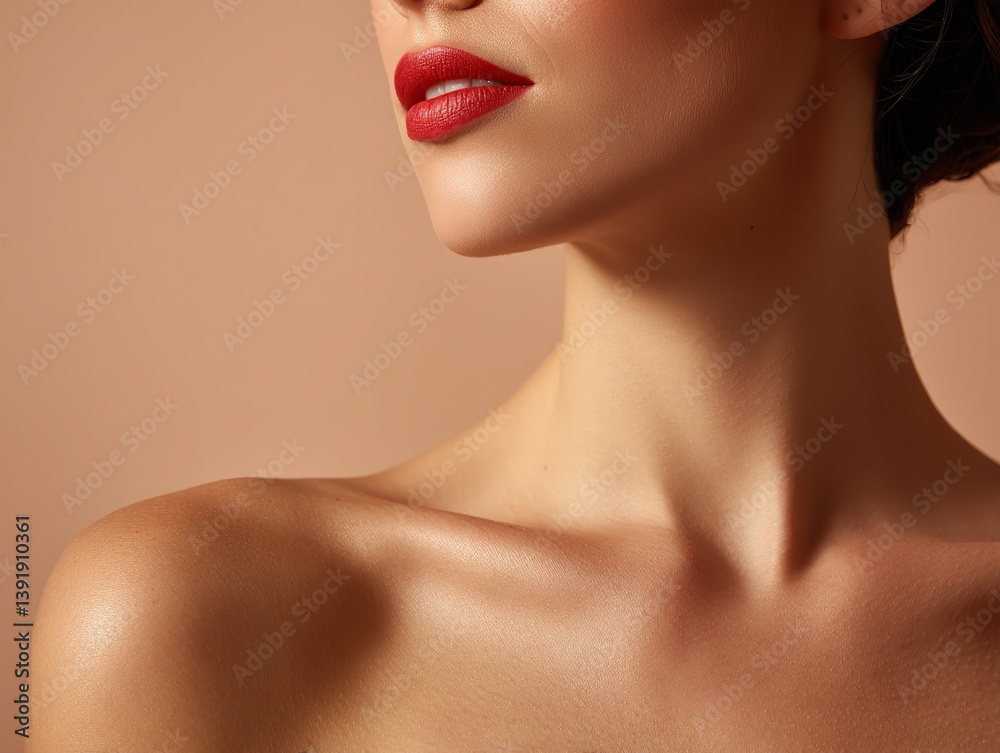 Close-up of the model's shoulder and neck area, creating an elegant look, is suitable for high-resolution advertisements for luxury beauty products with reproduction space and an emphasis on quality. Close-up of the model's shoulder and neck area, creating an elegant look, is suitable for high-resolution advertisements for luxury beauty products with reproduction space and an emphasis on quality.
