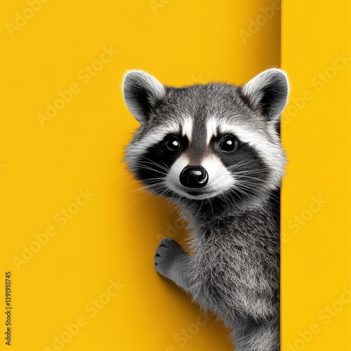 A curious and adorable wild raccoon playfully peeks from behind a vibrant yellow background in a high-resolution 1-giixel-standard illustration perfect for children's books or photo