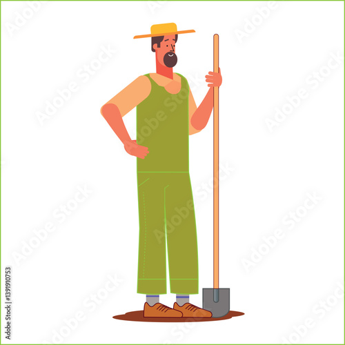 cartoon farmer with a shovel, isolated, vector illustration