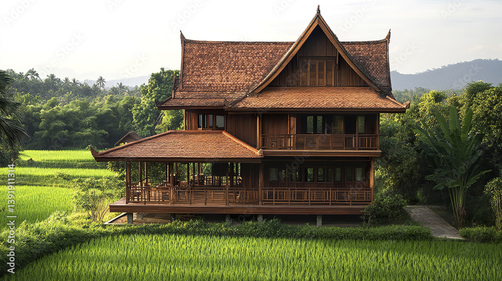 charming wooden Thai village house with steep roof in lush green fields charming wooden Thai village house with steep roof in lush green fields