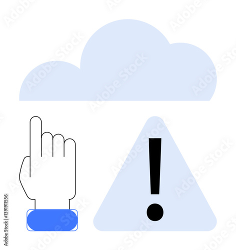 Cloud icon above a warning triangle with an exclamation mark and a pointing hand gesture. Ideal for technology, warning, data security, cloud computing, alert, caution, user action. Simple flat