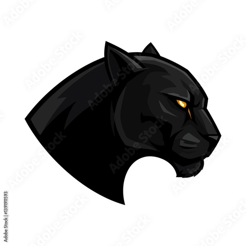 Black panther head icon. Black panther head with piercing yellow eyes, looking to the left, isolated on white background. Vector illustration.