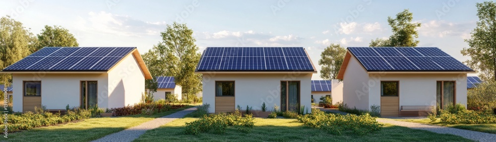 Eco-village with shared solar grid and communal gardens Eco-village with shared solar grid and communal gardens