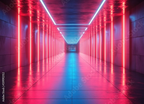 Futuristic Neon Disco Corridor Design with Abstract Light and Colorful Glowing Elements for Parties and Games