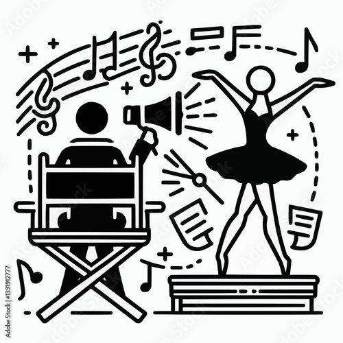 Stylized line art illustration of a ballet dancer performing with a director and musical notes