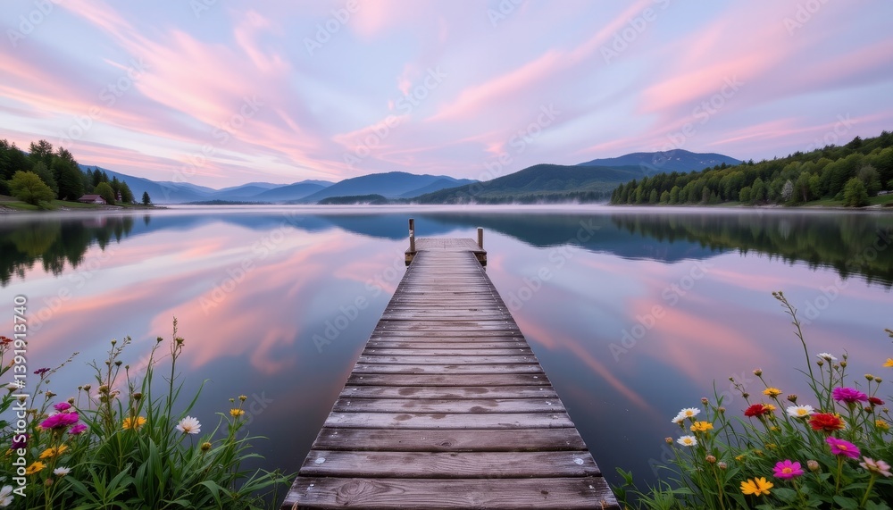 Fototapeta premium Serene Lake at Dawn with Wooden Pier