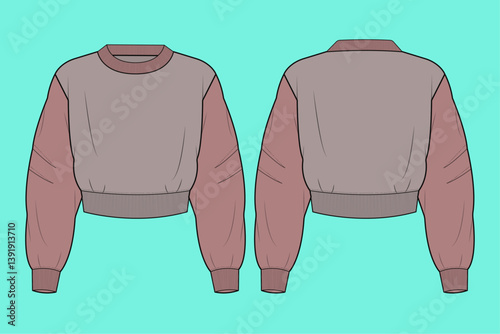  Winter crop oversize with high-neck sweatshirt flat sketch outline CAD mockup.
