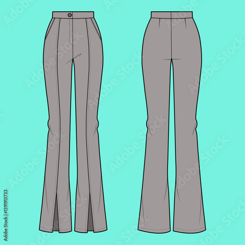 Women wide leg pant flat sketch outline CAD mockup.