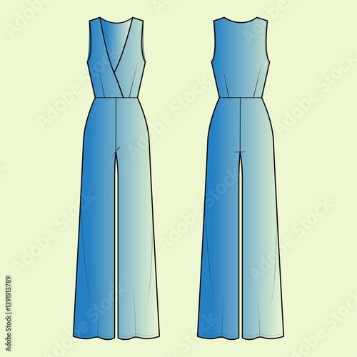  Ladies sleeveless V-neck jumpsuit flat sketch outline CAD mockup.