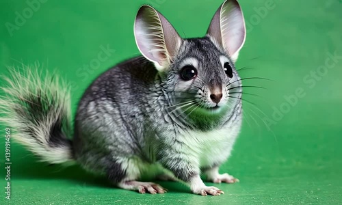 green screen video frame showing adorable chinchilla with soft fur standing still and blinking slowly on vibrant green screen