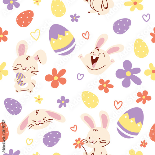 seamless easter pattern with bunnies, eggs and flowers