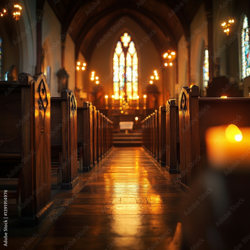 Fototapeta premium Empty Church Interior with Warm Light and Stained Glass