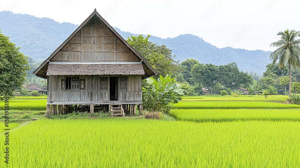 Fototapeta premium charming wooden Thai village house with steep roof