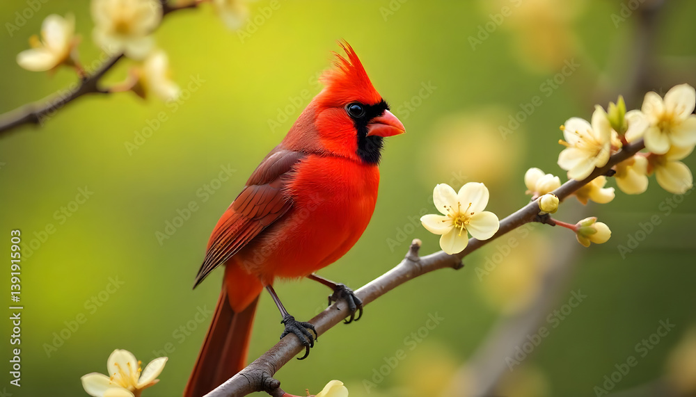 Vivid scarlet cardinal resting on a delicate branch adorned with tiny yellow blossoms against a gentle green bokeh Vivid scarlet cardinal resting on a delicate branch adorned with tiny yellow blossoms against a gentle green bokeh