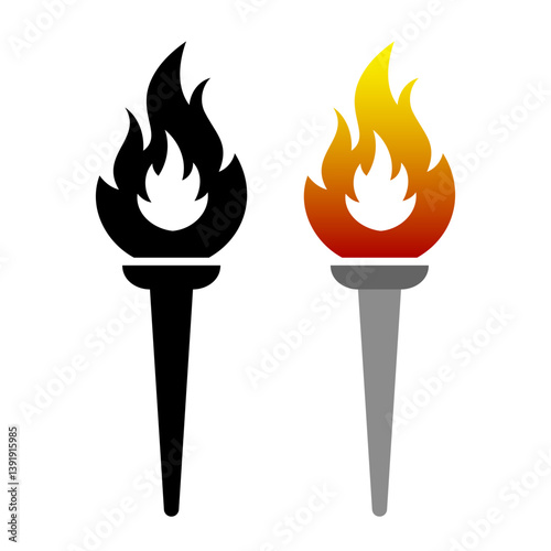 Torch icon. Colored and black torch icons isolated on white background. Vector illustration.