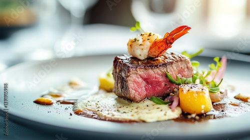 Surf and turf dish with grilled steak and buttered lobster tail served on a fine dining plate high detail
