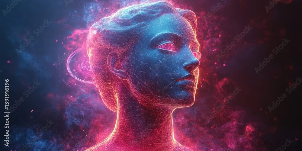 Neo-Futuristic Sculpture of Classical Bust with Abstract Geometric Shapes and Neon Lighting on Dark Background Neo-Futuristic Sculpture of Classical Bust with Abstract Geometric Shapes and Neon Lighting on Dark Background