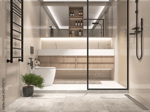 Luxury beige cream bathroom, modern toilet bowl, washbasin on cabinet counter, glass partition and shower area on white marble floor tile. Interior design decoration background 3D
