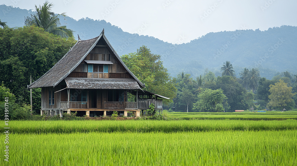 charming wooden Thai village house with steep roof in lush green fields charming wooden Thai village house with steep roof in lush green fields