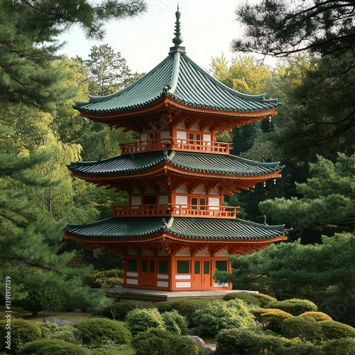 Three-tiered pagoda structure with green roof surrounded by lush trees